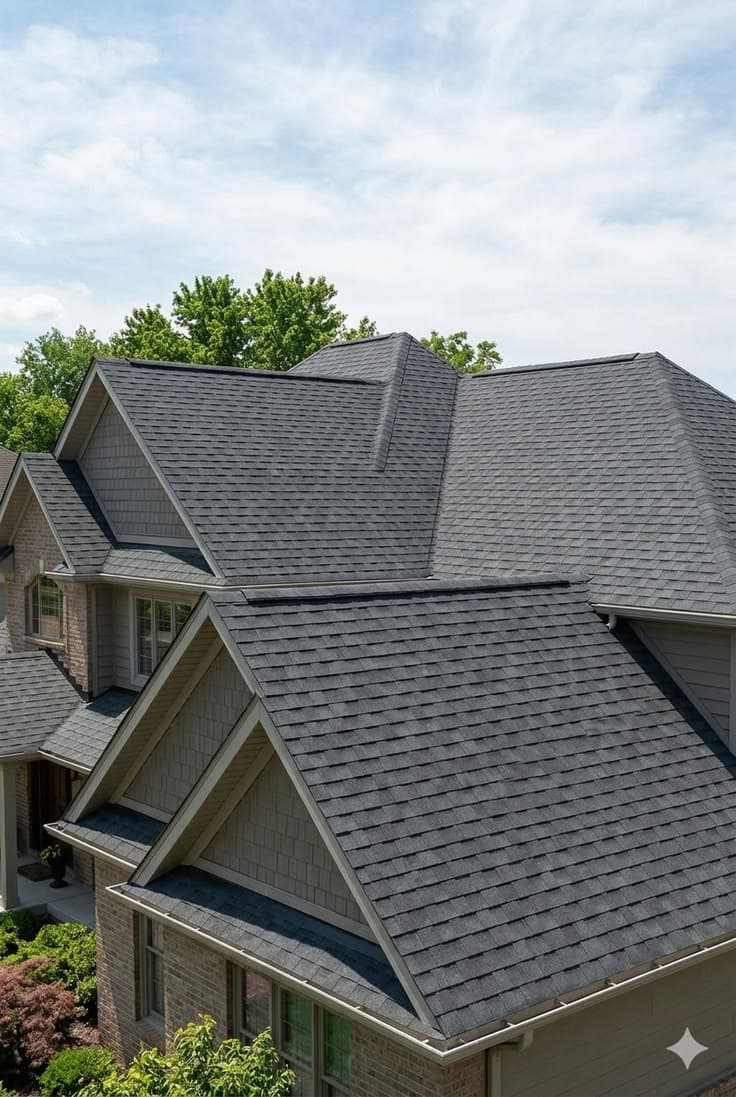 Aerial view of a new residential roof installation
