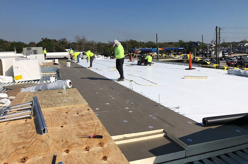 Commercial TPO low-slope roof membrane installation